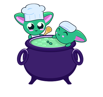 Cartoon goblins using a couldron. One is relaxing in the bubbling green liquid, the other stands beside wearing a chef's hat and wielding a wooden spoon.
