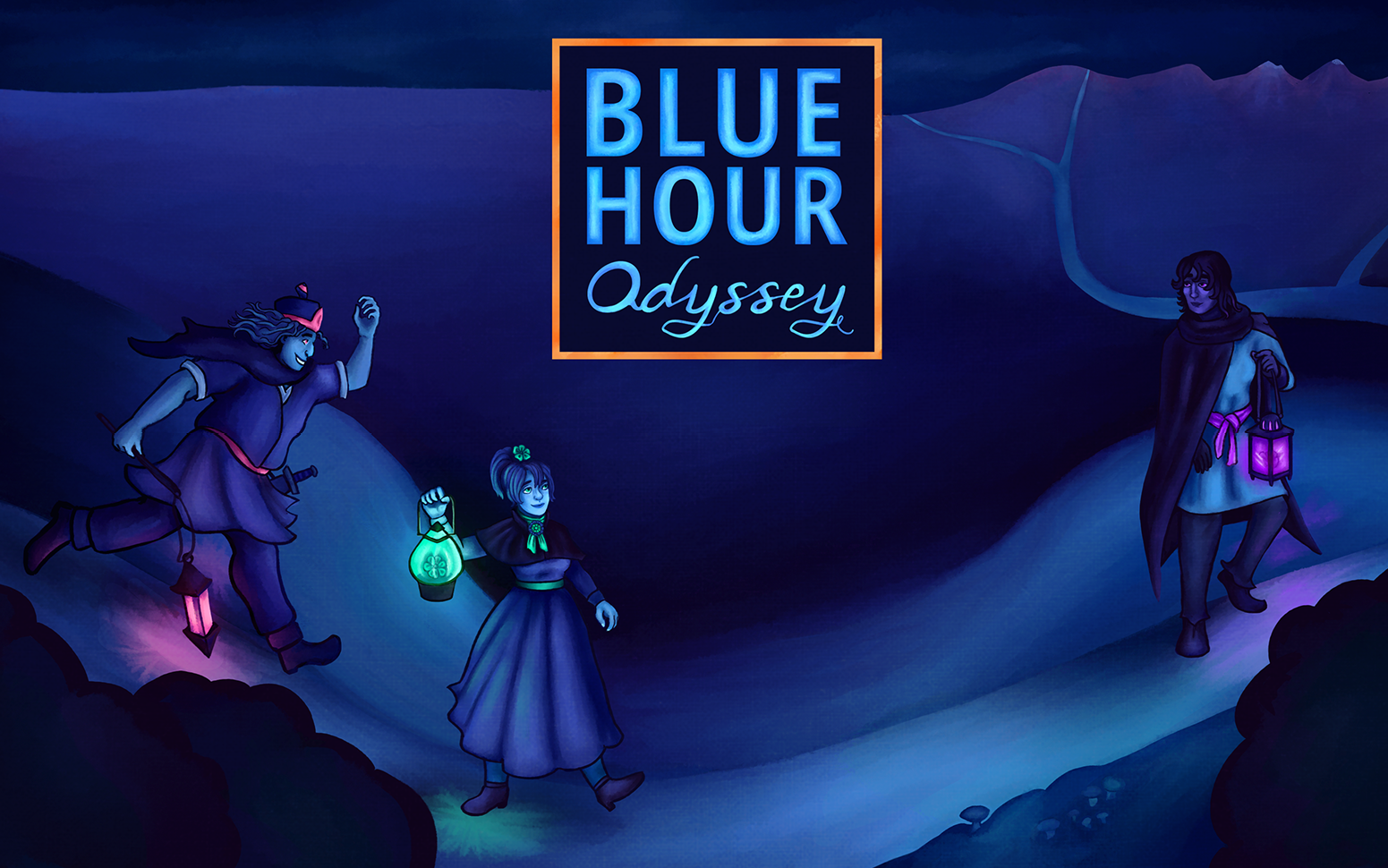 Promotional image for Blue Hour Odyssey where three figures make their way through a dark blue landscape.